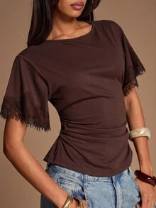 SHEIN BAE Atasan Wanita Lengan Pendek Leher Bulat Warna Cokelat Polos Musim Semi/Panas - Coklat - View 7