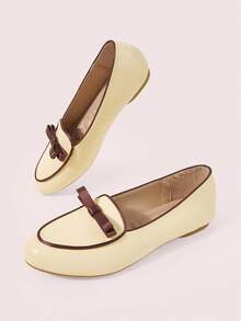 CUCCOO DOLLMOD Women's Shoes, Light Yellow Contrasting Soft Sole Comfortable Round Toe Loafers, Bow Design Flat Shoes, Slip-On Slouchy Shoes Commuting Daily - Apricot - View 3