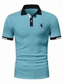 Calvornis Men's Embroidered Logo Decoration Minimalist Daily Short Sleeve Polo Shirt Blue Polo For Mencasual Men Polo Shirtspolo Shirt For Men>Buttonmens Golf Shirtspolo Shirts For Men - Mint Blue - View 4