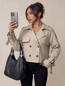 SHEIN PETITE Abrigo Trench Beige con Botones y Cordón para Mujer en Otoño/Invierno - Caqui - Ver 3