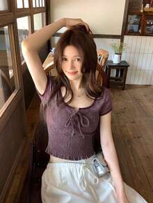 DAZY Kaos Wanita Lengan Pendek Slim Fit Serbaguna Kasual dengan Desain Colorblock - Coffee Brown - View 9