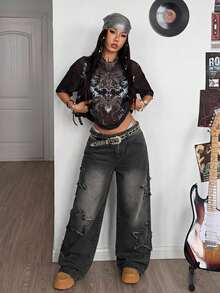 Coolane T-shirt oversize noir confortable, respirant et extensible avec graphiques vintage sexy, décontracté, grunge, gothique, punk et gyaru. Streetwear d'été pour femmes et hommes - Noir - Voir 6