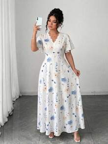 Elenzga 大码女式V领蕾丝拼接印花修身A字短袖连衣裙，通勤风格，春夏款 - 藍白色 - 查看 3