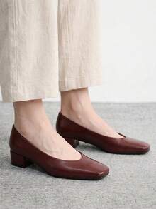 CUCCOO BIZCHIC Women's Spring/Summer New Vintage Burgundy Square Toe Low Vamp Daily Commute Versatile Mid-Heel Pumps - Jujube - View 4