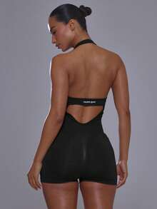 Musera Sport Scoop Front Halterneck Fitted Cinched Waist Open Cutout Detail Back Seamless Unitard Playsuit Workout Gym Cute Pilates Fitness Daily - Black - View 4
