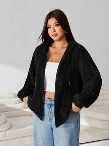 Solflare Plus Size Women Solid Color Long Sleeve Zipper Front Drawstring Hooded Sweatshirt - Black - View 6