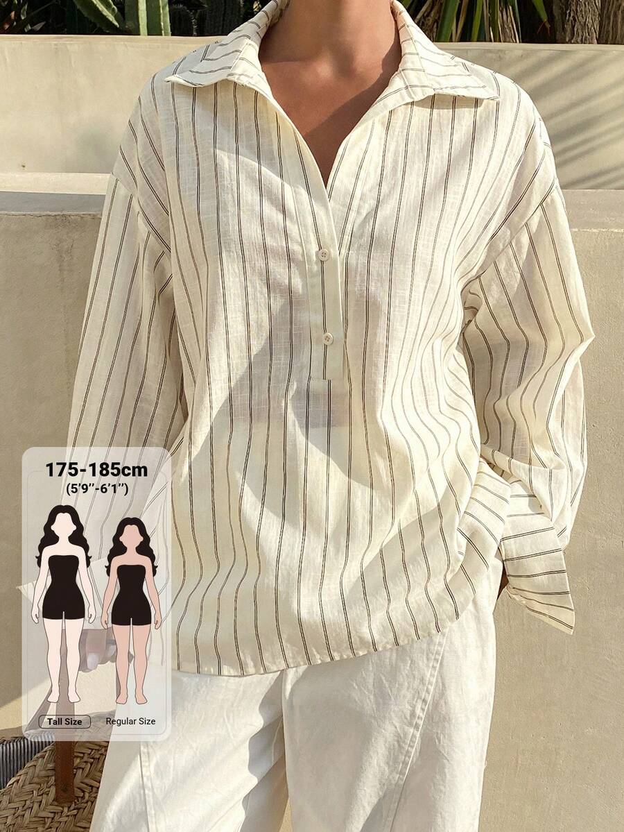 Livesso Tall Kemeja Kasual Urban Longgar Bergaris untuk Wanita, Musim Gugur - Putih - View 1