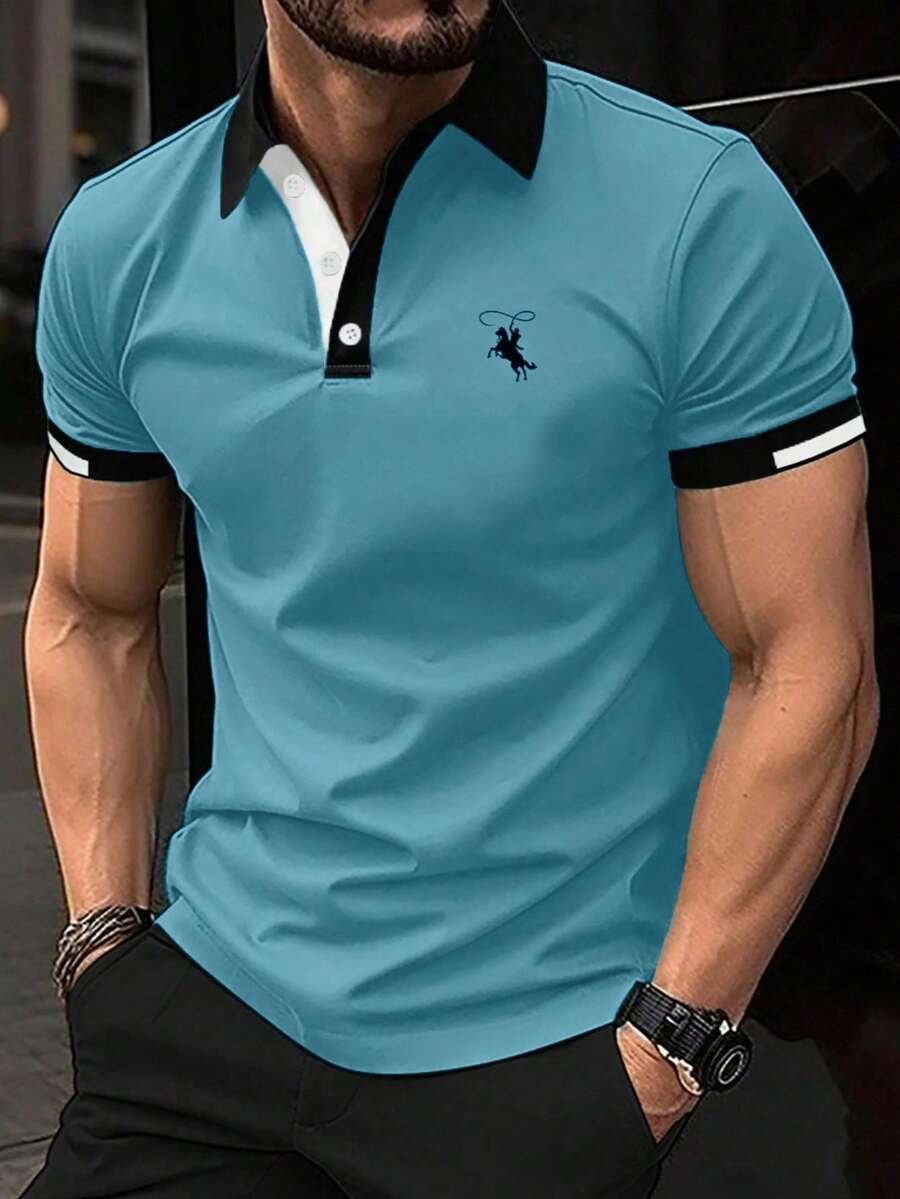 Calvornis Men's Embroidered Logo Decoration Minimalist Daily Short Sleeve Polo Shirt Blue Polo For Mencasual Men Polo Shirtspolo Shirt For Men>Buttonmens Golf Shirtspolo Shirts For Men - Mint Blue - View 1