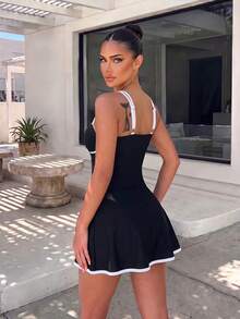 Dewbera Dewbera Sport Double Strap Contrast Edge Athletic Sporty Sexy Mini Dress Tennis Gym Black Summer - Black and White - View 3