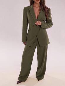 SHEIN BAE Women's Solid Color Button Long Sleeve Blazer And Loose Casual Suit Pants Set - Army Green - View 5