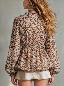 SHEIN Holidaya Women's Leopard Print Long-Sleeve Shirt With Ruffled V-Neck, Puff Sleeves, And Lantern Hem; Animal Print Shirt; Vintage, Sexy, And Elegant Top - Multicolor - View 2