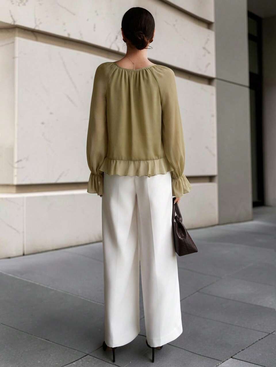 2026 New Summer Women's Loose Fit Solid Army Green Chiffon Long Sleeve Blouse, Woven Fabric V-Neck Tie Ruffle Design, Casual Commute Urban Modern Minimalist Elegant Tea Party Independence Day Old Money Style Teacher Office Wear Holiday Vacation Date Fashion Versatile Blouse