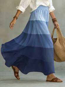 SHEIN PariChic 女款漸層牛仔效果印花彈性腰A字長裙，適合日常穿著與辦公室 - 藍色 - 查看 6