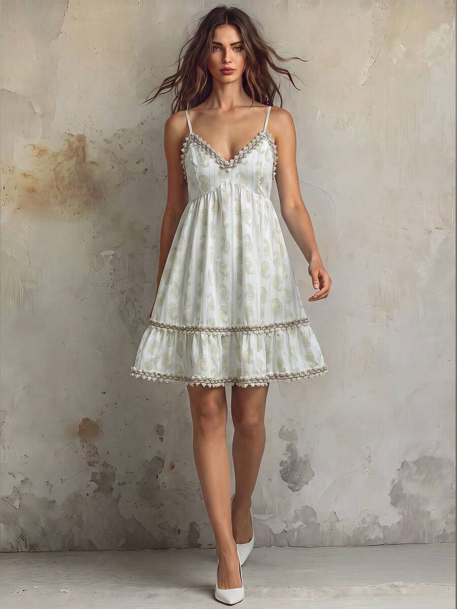 Franclia Vintage Cashew Flower Strap White Dress,Retro Lace Patchwork V-Neck Waist A-Line Summer Boho Holiday Vacation Holiday Skirt,Elegant Lady Vacay Outfits - Apricot - View 1