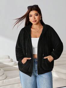 Solflare Plus Size Women Solid Color Long Sleeve Zipper Front Drawstring Hooded Sweatshirt - Black - View 7