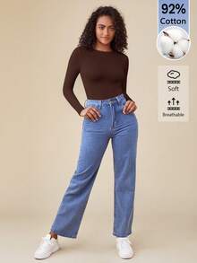 SHEIN BASICS 女款純色極簡百搭圓領長袖連身衣 - 咖啡棕 - 查看 9