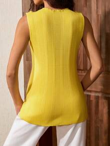 SHEIN Back To School Light Knit Sleeveless Button Detail Cardigan Top Body Skimming Ribbed Texture Pastal Front With Cut Out Detail Soft Stretch Yarn Golf - Yellow - View 2