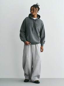 Sonviro Men's Letter Embossed Simple Daily Hooded Long Sleeve Sweatshirt, Going Out, Street Wear, New York - Dark Grey - View 3
