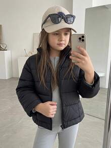 Hapijoa Young Girl Winter Casual Versatile Solid Color Jacket - Black - View 1