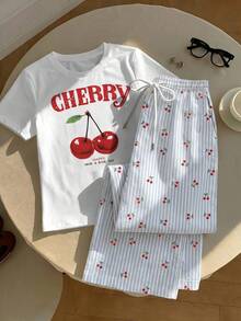 Comfortcana Casual Minimalist Style Red Cherry Letter Graphic Short Sleeve T-Shirt With Blue Pinstripe Long Pants 2-Piece Set, Suitable For Spring And Summer - Multicolor - View 3