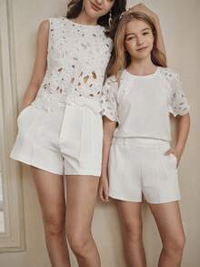 Anewsta Girls' White Casual Versatile Elastic Waist Shorts, Summer Outfit For Tween Girl - White - View 1