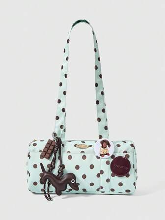 Kawaii Bolso de hombro tipo tote con múltiples bolsillos, estampado de lunares Y2k Dopamine Academy, colgante con insignia de cachorro, bolso de moda para mujer, adecuado para uso diario y universidad