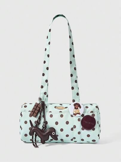 Kawaii Borsa a tracolla da donna Y2k Dopamine Academy con stampa a pois e ciondolo con distintivo a forma di cucciolo, borsa tote multi-tasche alla moda, adatta per uso quotidiano e college