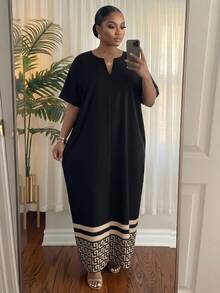 SHEIN Lady CURVE 大码女式拼接彩色休闲派对连衣裙 - 黑色 - 查看 3