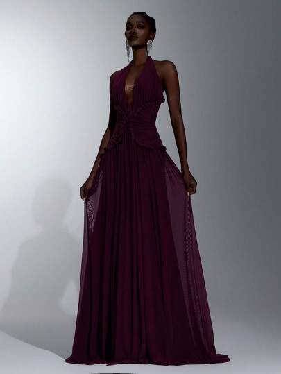 Elitara Elegant Romantic Deep Purple Mesh Halter Deep V Neck Ruched Pleated A-Line Floor Length Formal Evening Gown Wedding Guest Prom Party Dress For Women