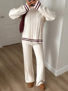 Pariaura Women's Ribbed Striped Long Sleeve Sweater And Knit Pants Set, Soft Style - White - View 4