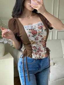 Feyla Women's Jacquard Contrast Lace Puff Sleeve Side Waist Tie Elegant Blouse - Brown - View 4