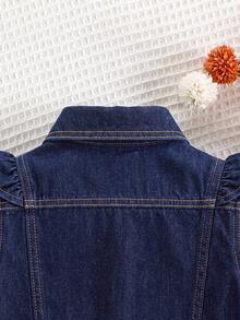 SHEIN Chaqueta de mezclilla de manga larga con volantes y abotonadura sencilla para niña - Azul Marino - Ver 4