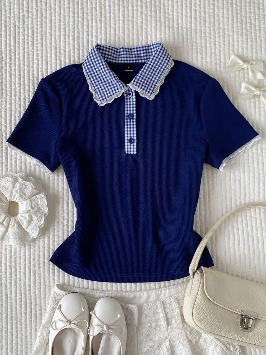 Comfortcana Women's Plaid Colorblock Patchwork Casual Short Sleeve T-Shirt - Navy Blue - View 1