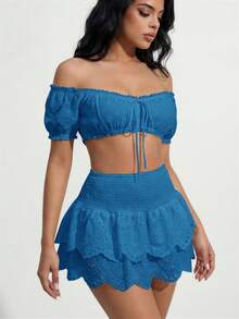 SHEIN SXY 女款法式性感短版鏤空刺繡綁帶上衣 - 藍色 - 查看 6