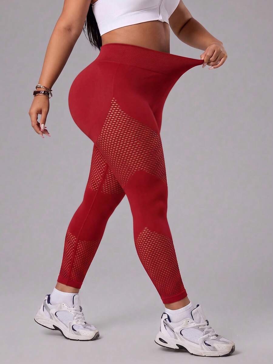 SHEIN Rhythm Era 大尺碼休閒度假風網格拼接修身運動緊身褲 - 酒紅色 - 查看 1