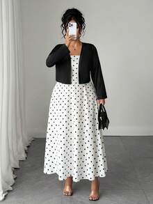 SHEIN Elenzya Plus Size 2pcs Polka Dot Spaghetti Strap Long Cinched Cinched Waist Set - Black - View 5
