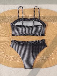 SHEIN Swim 女款度假海灘格紋泳衣套裝 黑白配色 夏季可愛蕾絲設計 - 黑與白 - 查看 2