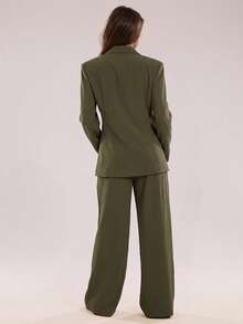 SHEIN BAE Women's Solid Color Button Long Sleeve Blazer And Loose Casual Suit Pants Set - Army Green - View 2