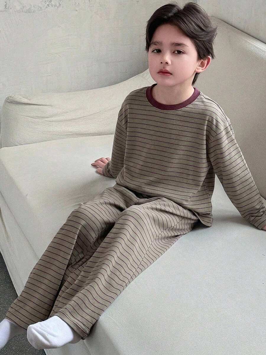 Dazy Kids 青少年男孩圓領條紋拼色長袖上衣與休閒長褲家居服套裝 - 棕色 - 查看 1