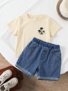 SHEIN Little Byeori 2件套男婴可爱卡通印花针织短袖T恤和弹力腰蓝色牛仔短裤套装，夏季 - 彩色 - 查看 6