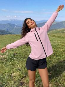 Exploreva Exploreva Women's Long Sleeve Zipper Front Hooded Outdoor Rain Jacket - Pink - View 3