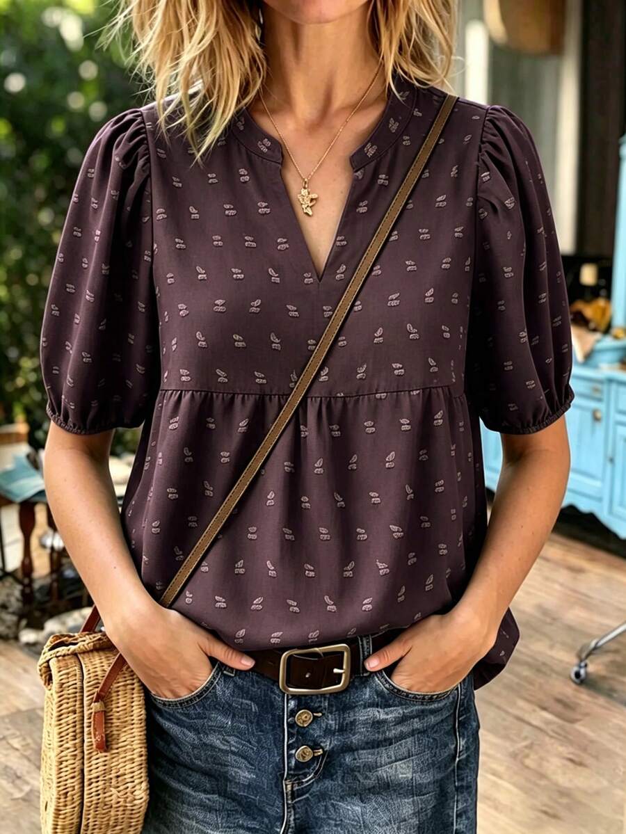 Linhara CURVE Plus Size Women Floral Print Notch V-Neck Puff Sleeve Casual Blouse,Valentine Fall - Chocolate Brown - View 1