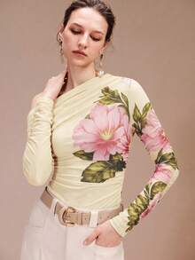 Arave 花卉印花不對稱領口透視性感修身上衣 - 淡黃色 - 查看 6