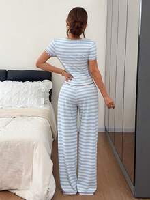 Napfluff Letter Print Blue & White Striped Casual Pajama Set, Comfortable Home Short Sleeve 2 Pieces Set - Blue - View 3
