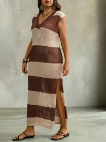 Linhara CURVE Plus Size Women V-Neck Colorblock Casual Everyday Knit Dress Fall - Multicolor - View 7