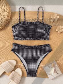 SHEIN Swim 女款度假海灘格紋泳衣套裝 黑白配色 夏季可愛蕾絲設計 - 黑與白 - 查看 1