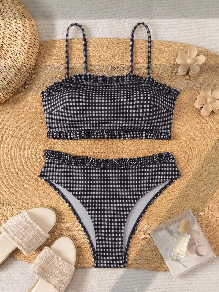 SHEIN Swim 女款度假海灘格紋泳衣套裝 黑白配色 夏季可愛蕾絲設計 - 黑與白 - 查看 1