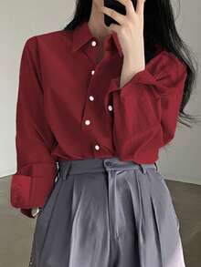 DAZY Women's Casual Solid Color Drop Shoulder Long Sleeve Business Blouse,Long Sleeve Tops,Fall Clothes - Burgundy - View 7