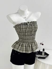 Elamini Top ajustado sin tirantes con volantes y lazo para niñas, primavera/verano - Verde - Ver 3