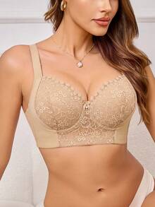 SHEIN Women's Underwire Lace Patchwork Non-Slip Wide Strap Bra, 1pc - Khaki - View 6